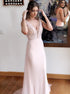 V Neck Chiffon Sheath Pearl Pink Prom Dress with Beadings LBQ0692